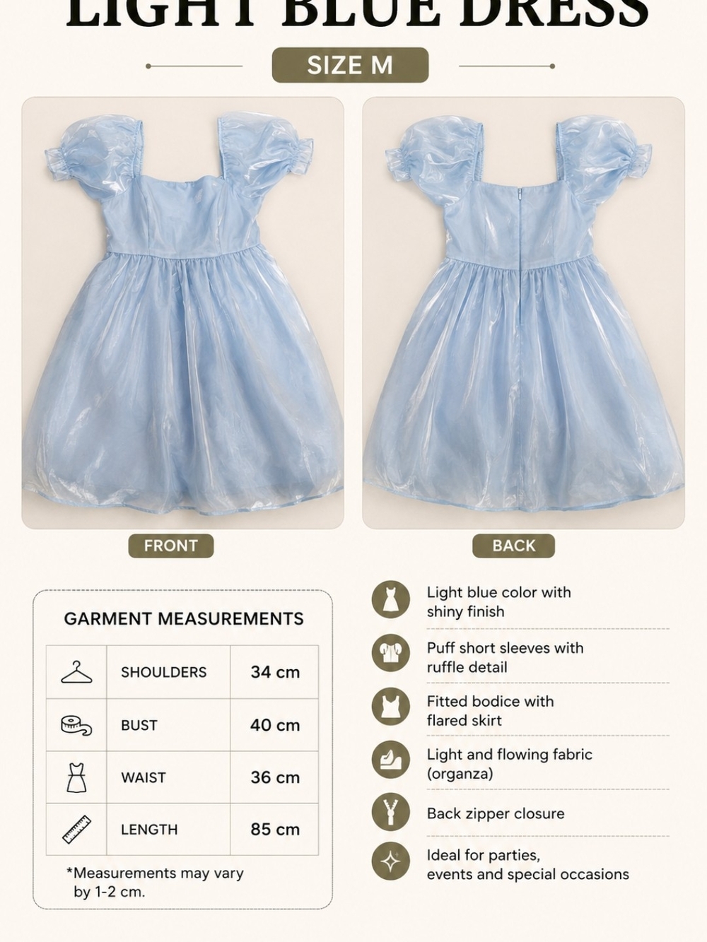 GGA Collection Sky Blue Ruched Midi Dress with Elastic Trim